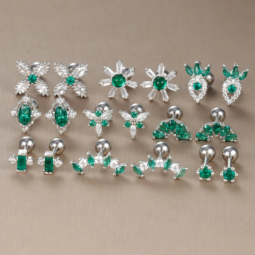 2PC Stainless Steel Little Stud Earring for Women Tiny Green Crystal Zirconia Cartilage Helix Tragus Piercing Earrings Jewelry Pi-Mart