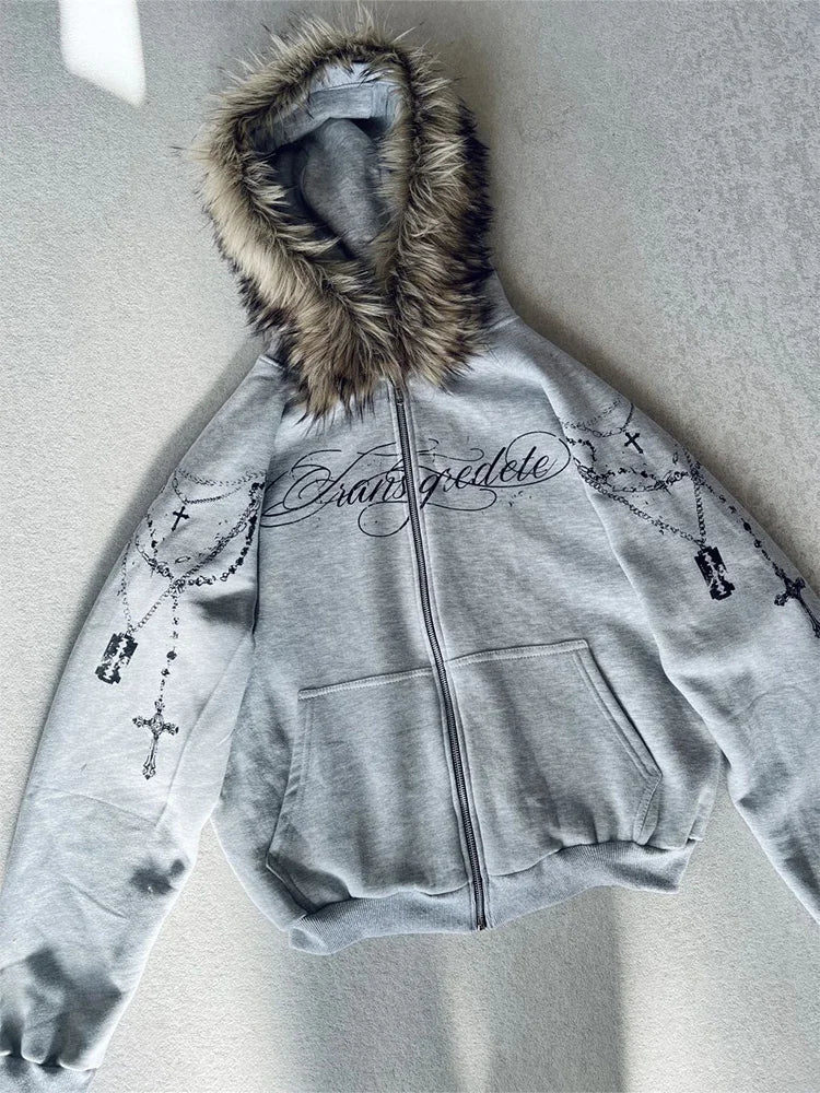 Winter Fashion Streetwear Women's Gothic Punk Faux Fur Hooded Jacket With Cross Print Trendy Edgy Zip - Up Sweatshirt 2026 New LadyShow.Store