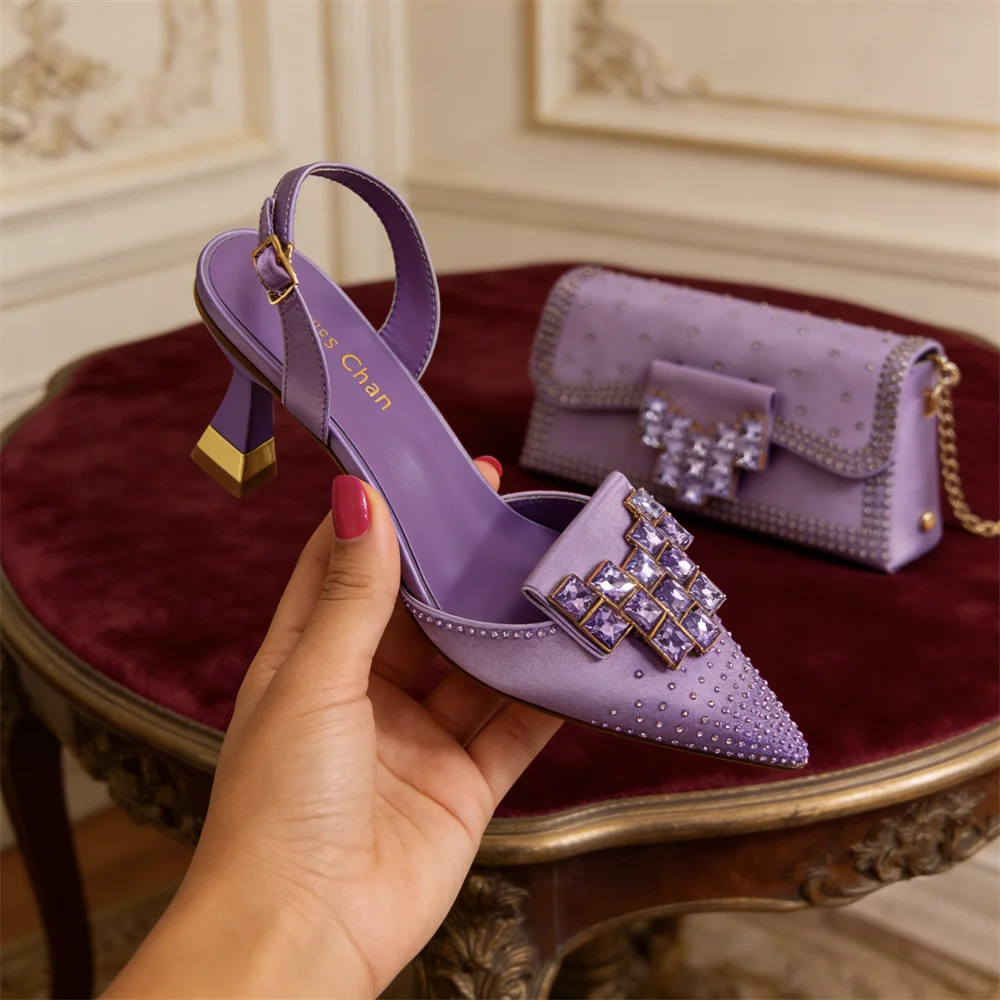 Venus Chan 2026 INS Italy Elegant Rhinestone Pointed Toe High Heels & Matching Bag Set - Perfect for Women's Parties & Weddings Pi-Mart