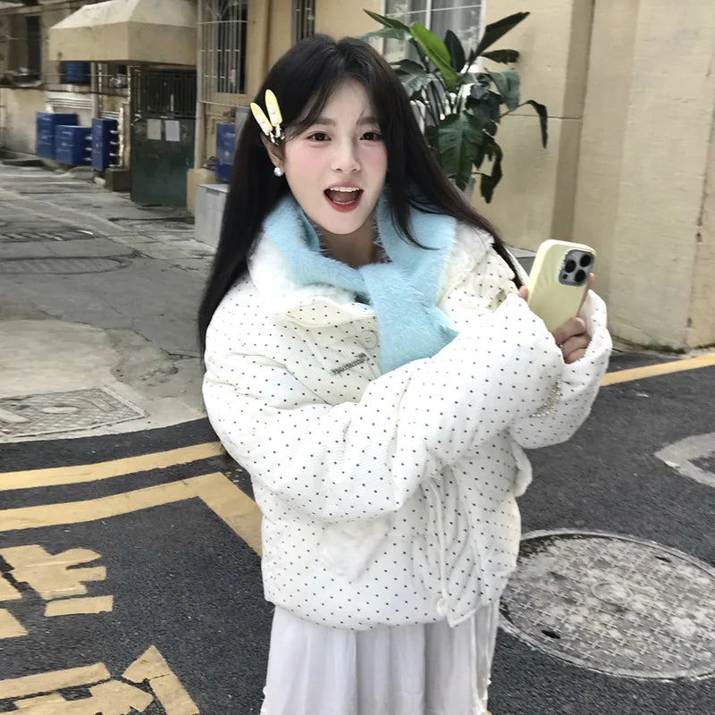 Women's Kawaii Polka Dot Down Cotton Jacket Korean Button Patchwork Corduroy Short Parkas Y2K Stand Collar Puffer Warm Jacket LadyShow.Store