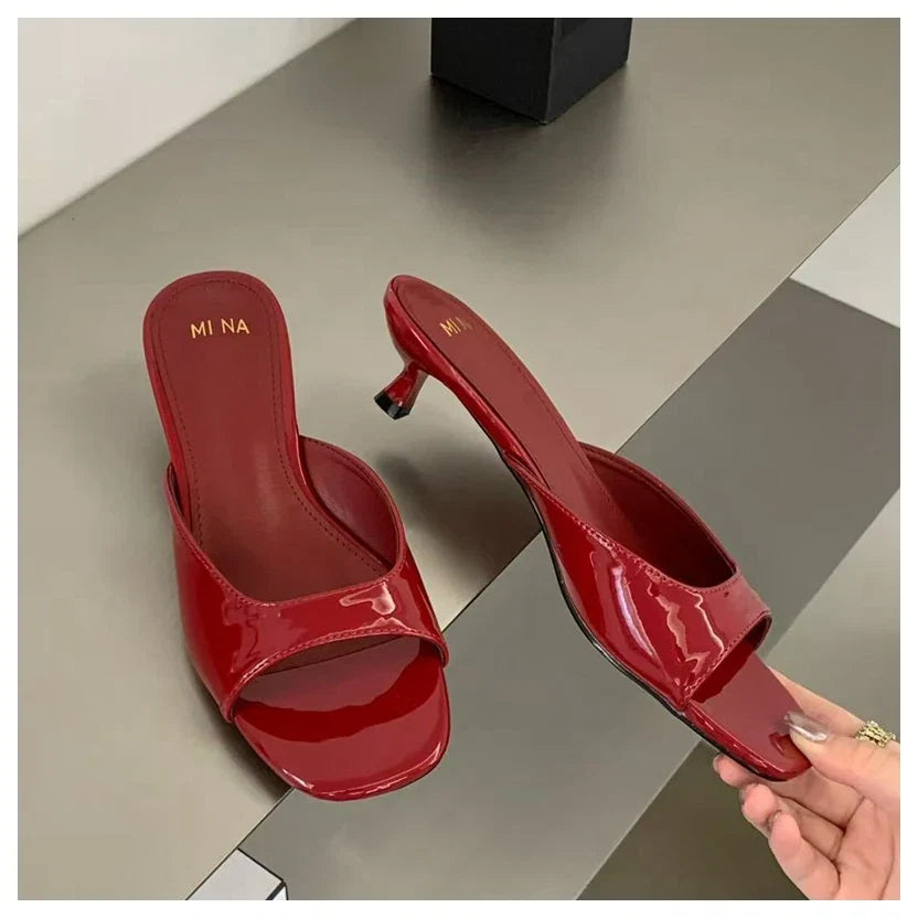 2026 Fashion Sexy Thin High Heels Slides Women Open Toe Pumps Slip Sandal Female Slippers Mule Patent Leather Outdoor Flip Flops LadyShow.Store