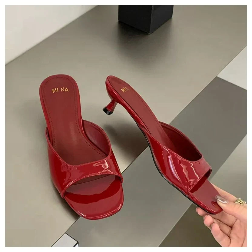 2026 Fashion Sexy Thin High Heels Slides Women Open Toe Pumps Slip Sandal Female Slippers Mule Patent Leather Outdoor Flip Flops LadyShow.Store