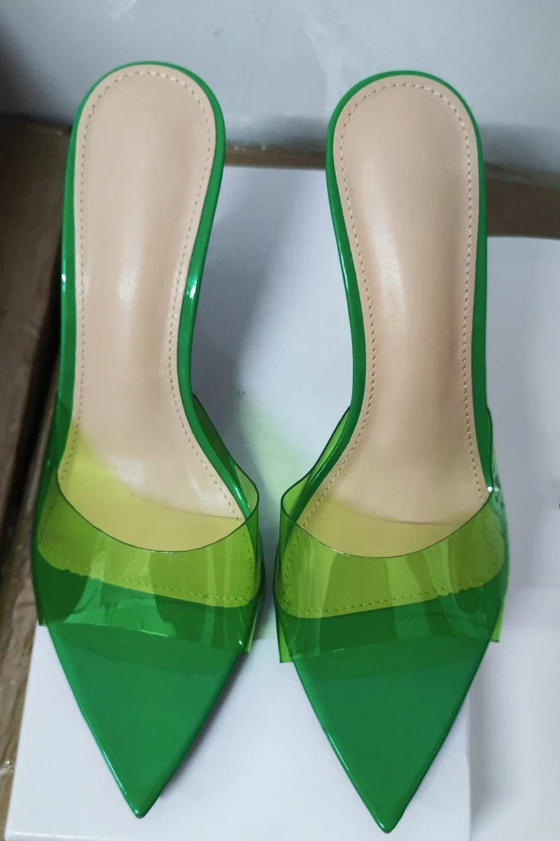 New Summer Women's High-heeled Sandals Simple Transparent High-heeled Slippers Stiletto Pointed Open-toed Slippers Mules LadyShow.Store
