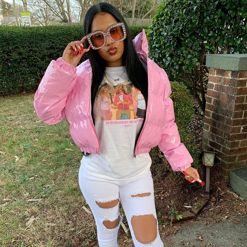 Fashion Cute Women Bright PU Pink Puffer Jacket Winter Warm Bubble Coats Shiny Leather Parkas Down Zipper Cropped Jackets Parkas LadyShow.Store