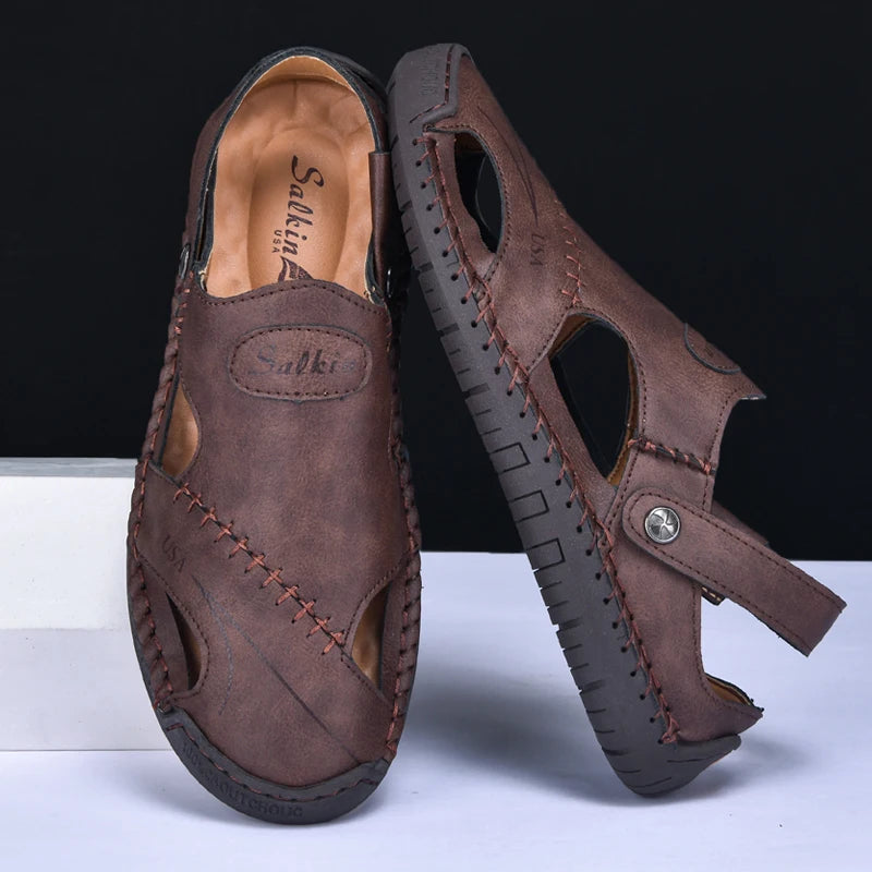 New Handmade Summer Sandals Men Breathable Leather Shoes Man Outdoor Men Sandals Antiskid Beach Sandals Hollow Shoes Fashion Pi-Mart