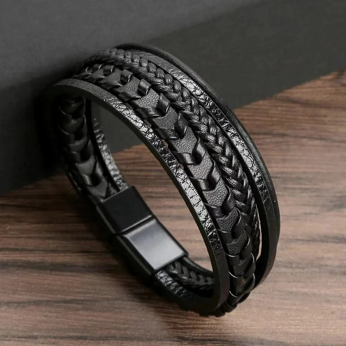 1pc Fashion Accessories MEN'S Multi-layered Vintage Leather Rope Braided Bracelet Alloy Magnetic Buckle Bracelet Pi-Mart