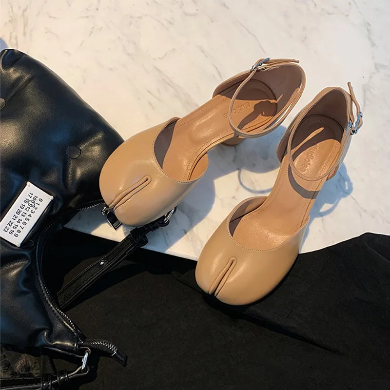Modern Heels Pumps Women Round High Heel Leather Square Split Toe Pumps Shoes Spring Summer Sandals Mary Janes Shoes Heels Women LadyShow.Store