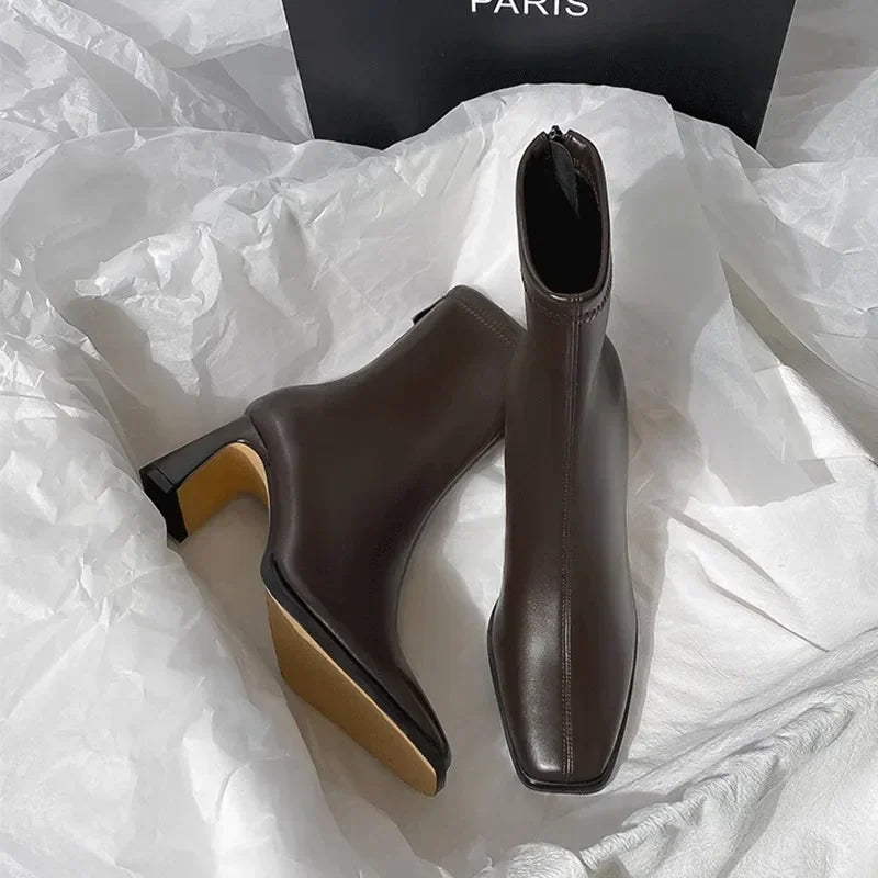 Vintage Warm Cotton Women Ankle Boots Fashion Elegant Square Toe Shoes Autumn Winter Thick Heel Women's Short Booties LadyShow.Store