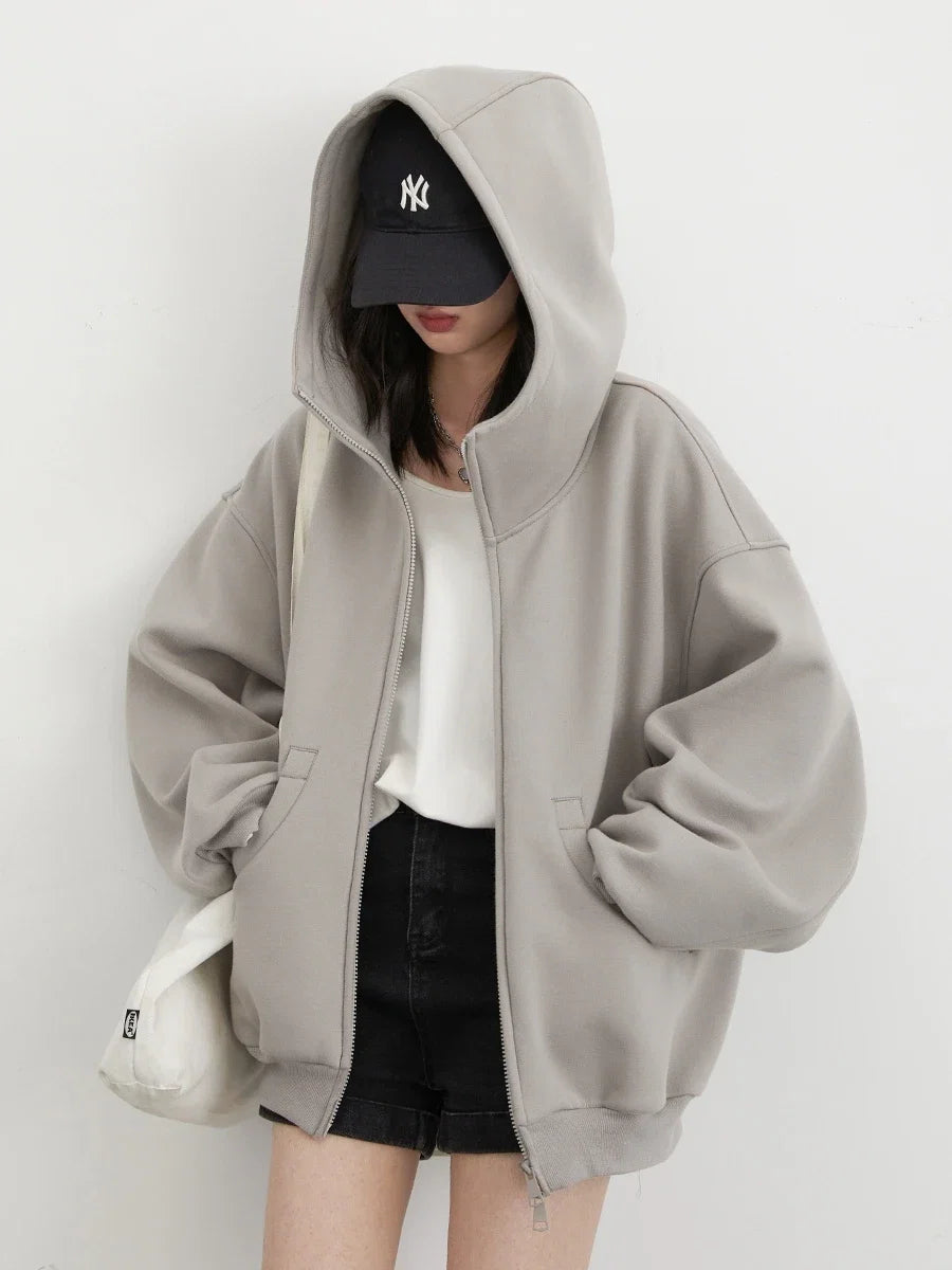 CHIC VEN Women Sweatshirts Loose Casual Hooded Long Sleeves with Plush Sweater Double Zipper Oversize Coat Spring Autumn 2026 LadyShow.Store
