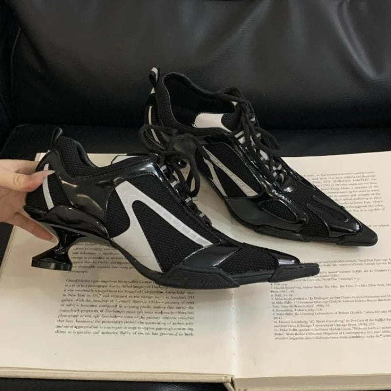 Silver Lace-up Sports Heels Women Fashions Pointed Toe Strange Style Mesh Sneakers Elegant Punk Shoes Female Luxury Brands Pumps LadyShow.Store