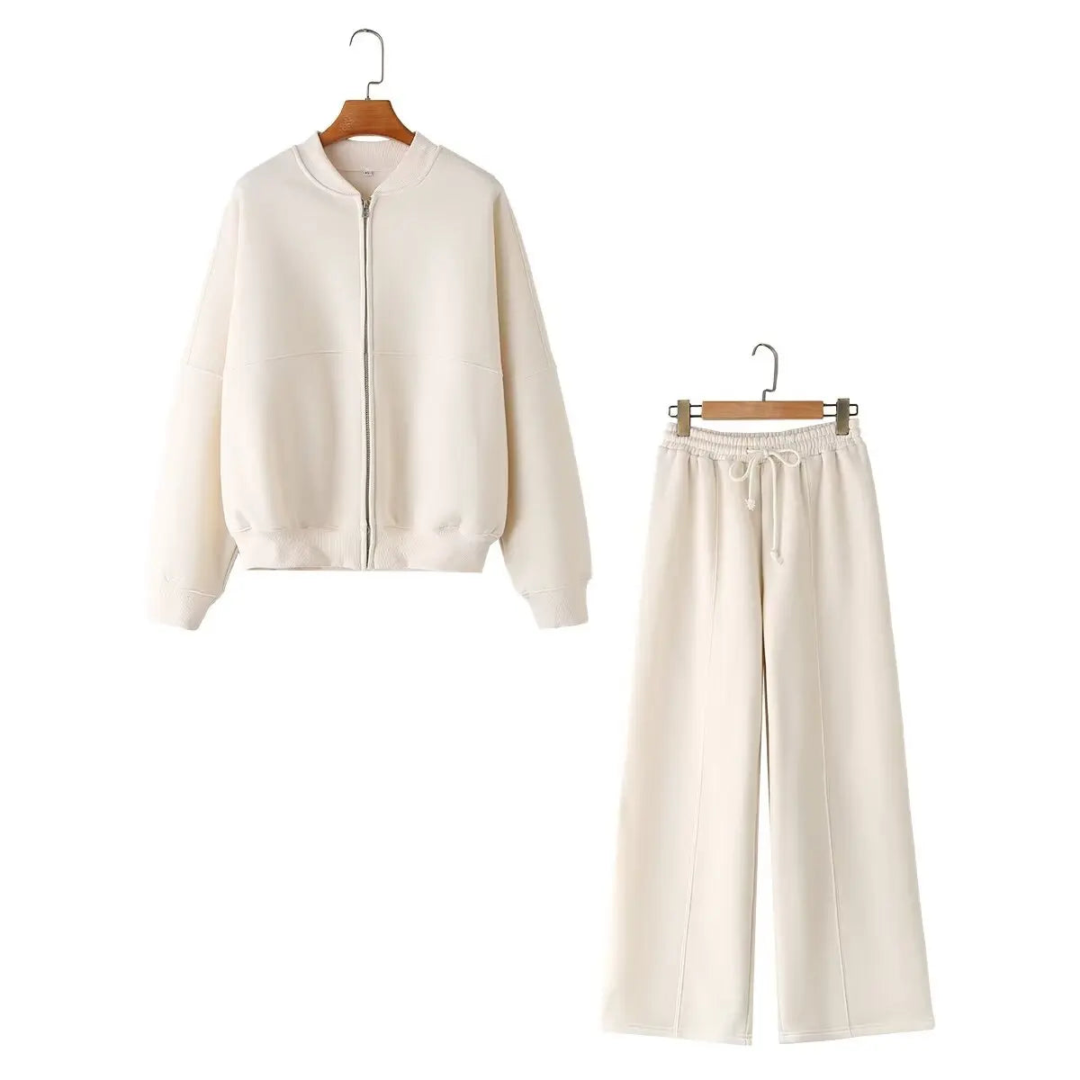 HH Women's Fall 2-Piece Retro Solid Color Zip Bomber Jacket Sweatshirt+High Waist Lace Up Women's Wide Leg Pants Street Wear LadyShow.Store