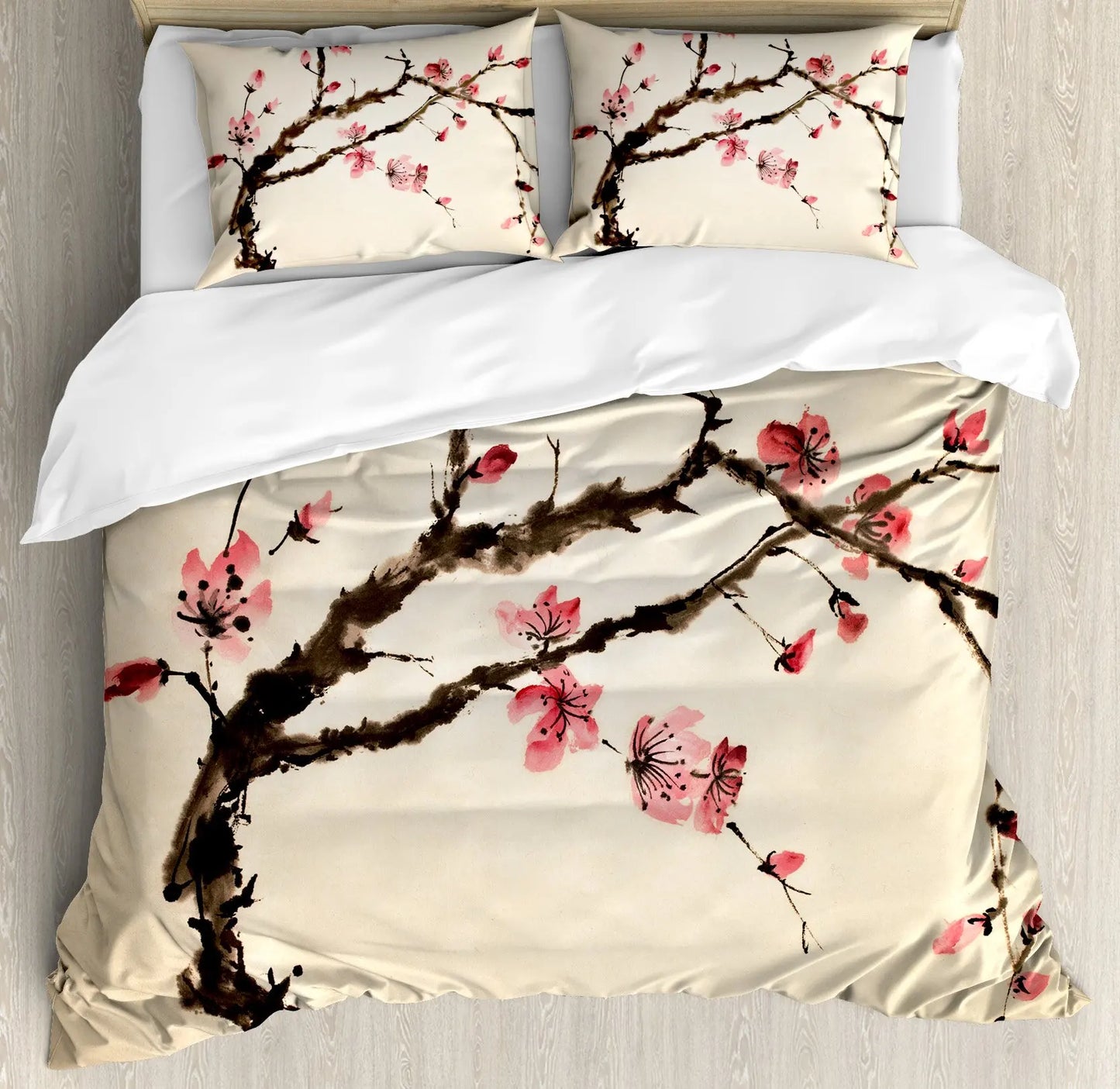 Japanese Duvet Cover Set Simplistic Cherry Blossom Tree Botanic Themed Pattern Fresh Organic Lines Bedding Set For Kids Girls Pi-Mart