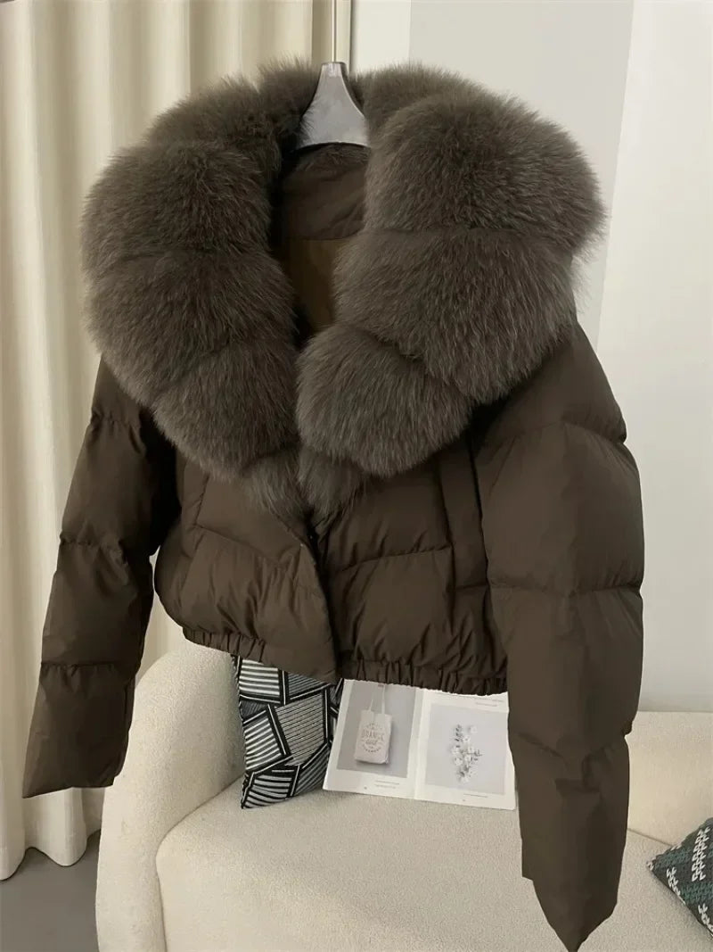Down Jacket Women Short Puffer Jacket Thick New Big Natural Real Fox Fur Coat  Autumn Winter Female White Duck Down Coat Feather LadyShow.Store