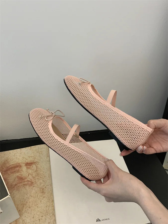 2025 New Luxury Spring/Summer Women Mesh Hollow Elastic Band Flat Bottom Non slip Casual Shoes Flat Bottom Shoes Pi-Mart