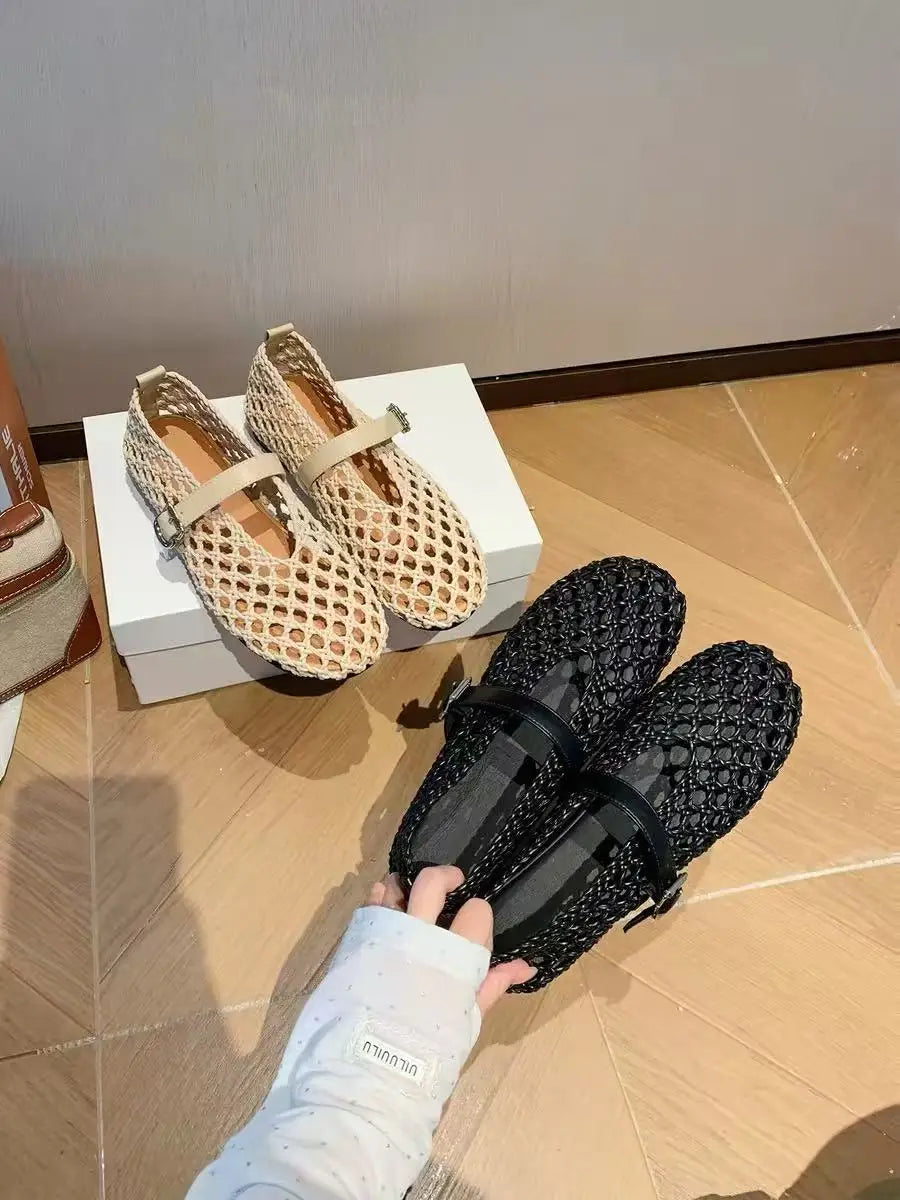 2026 Summer New Fashion Simple One-Buckle Vintage Flats for Women, Soft and Comfortable Ballet Shoes, Shallow Mouth Sandals Pi-Mart