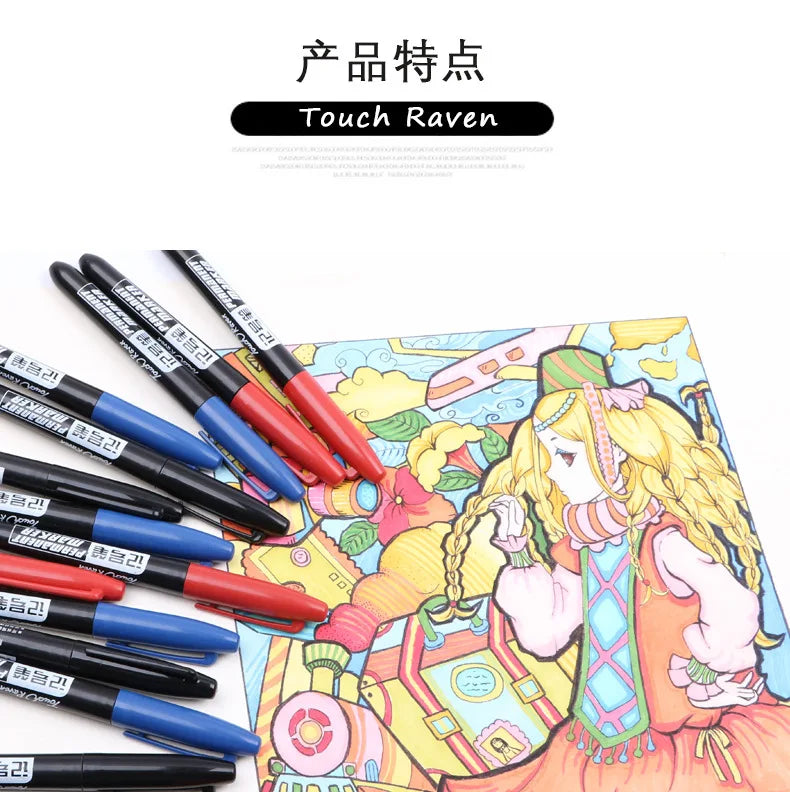 6 PCS Permanent Marker Pen Manga Drawing Markers Black Blue Red Waterproof Ink Sketch Pens Stationery Art School Supplies Pi-Mart