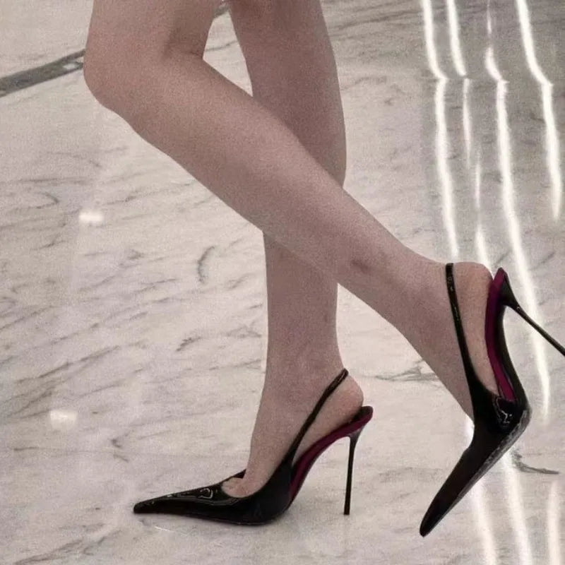 2026 Fashion Non-Slip Wear-Resistant High Heels Women's Pointed Toe Patent Leather Slip-On Sandals LadyShow.Store