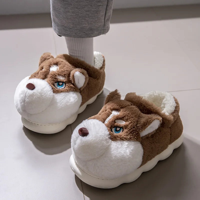 Plus Size 50 Indoor Fluffy Slippers For Women Men Winter Warm Shoes Cute Cartoon Dog Light Weight Couples Home Floor Slipper LadyShow.Store