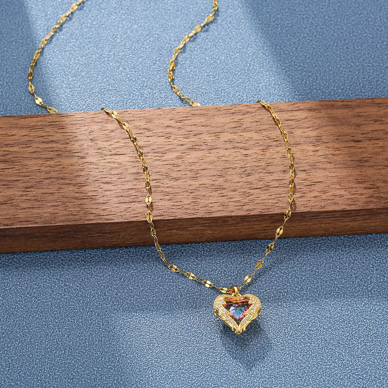Top Luxury Colorful Crystal Ocean Heart Pendant Necklace For Women Trendy 316L Stainless Steel Jewelry Female Wedding Neck Chain Pi-Mart