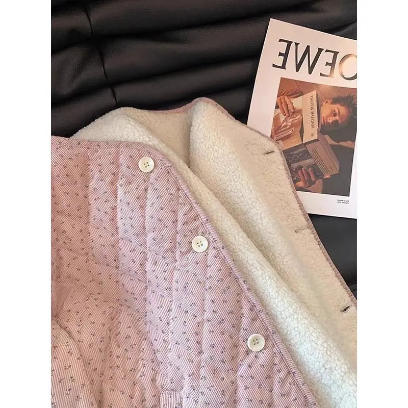 Chic Floral Corduroy Jacket for Women - Korean Loose Fit Round Neck Long Sleeve Cotton Top, Warm Versatile Autumn Winter Shacket Pi-Mart