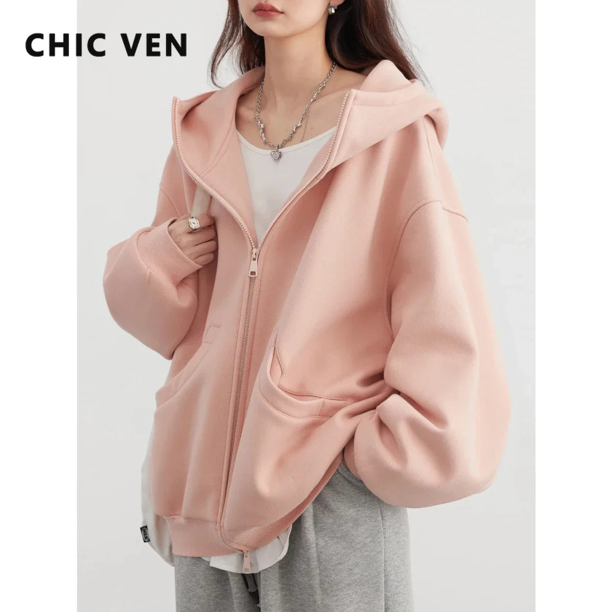 CHIC VEN Women Sweatshirts Loose Casual Hooded Long Sleeves with Plush Sweater Double Zipper Oversize Coat Spring Autumn 2026 LadyShow.Store