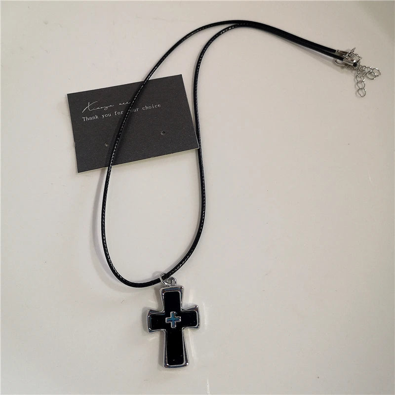 Punk Rock Black Heart Cross Pendant Chain Necklace For Men Women Cool Hip Hop Street Vintage 90s Y2K Grunge Goth Accessories Pi-Mart