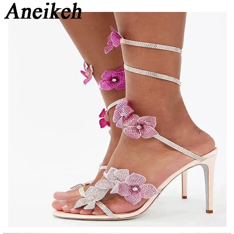 Aneikeh Sexy CRYSTAL Flower Narrow Band Ankle Strap Sandals Woman Thin High Heels Street Style  Pole Dancing Ladies Shoes LadyShow.Store