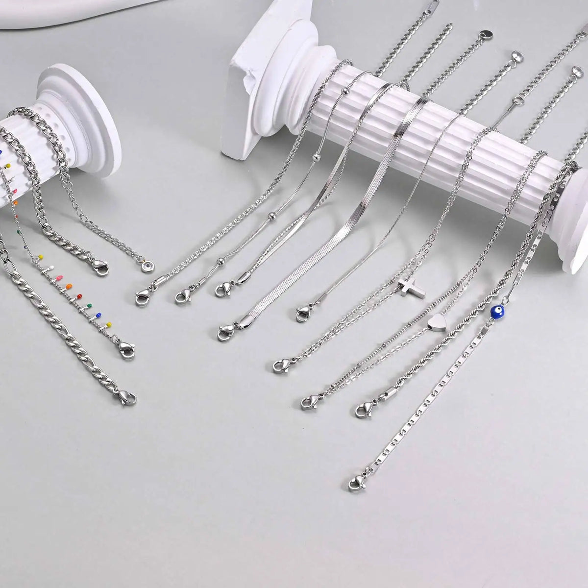 Silver Color Anklet Bracelets for Women Waterproof, Stainless Steel Layered Cuban Chain Herringbone Anklets Summer Beach Gift Pi-Mart