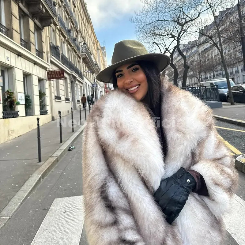 Neo Mint 2025 Winter Exclusive Striped Faux Fur Jacket Women Overcoat Brand Blogger Fashion Fluffy Fox Fur Collar Coat Outerwear LadyShow.Store