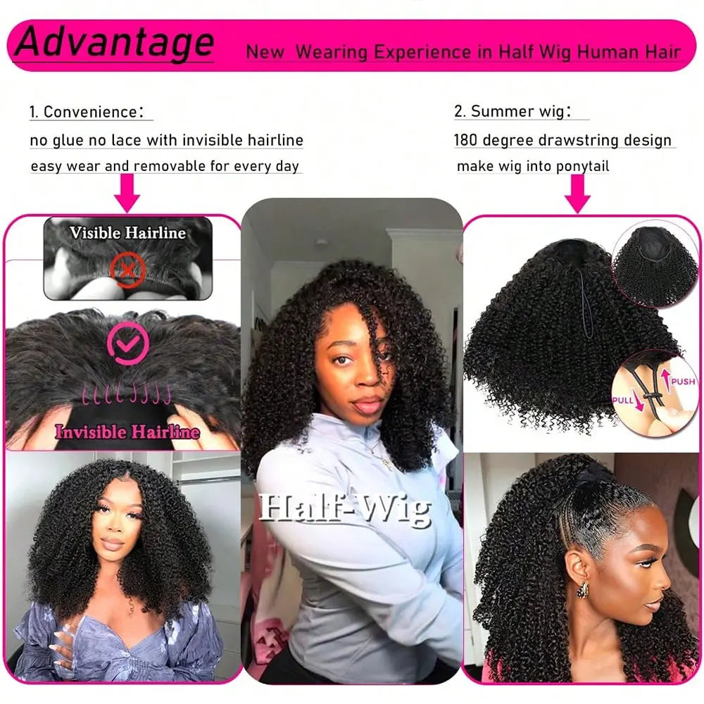 Jerry Curly Half Wig Human Hair Seamless Kinky Curly 3 In 1 Half Wig  Glueless  Heandband Clip In Wig No Sew In Black Color LadyShow.Store