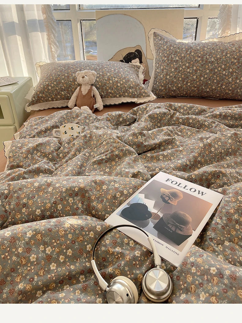 Summer Quilt Korean Style Duvet with Lace Single/Queen Size Comforter Flower Printed Quilted Blanket 여름이불 (No Pillowcase) Pi-Mart