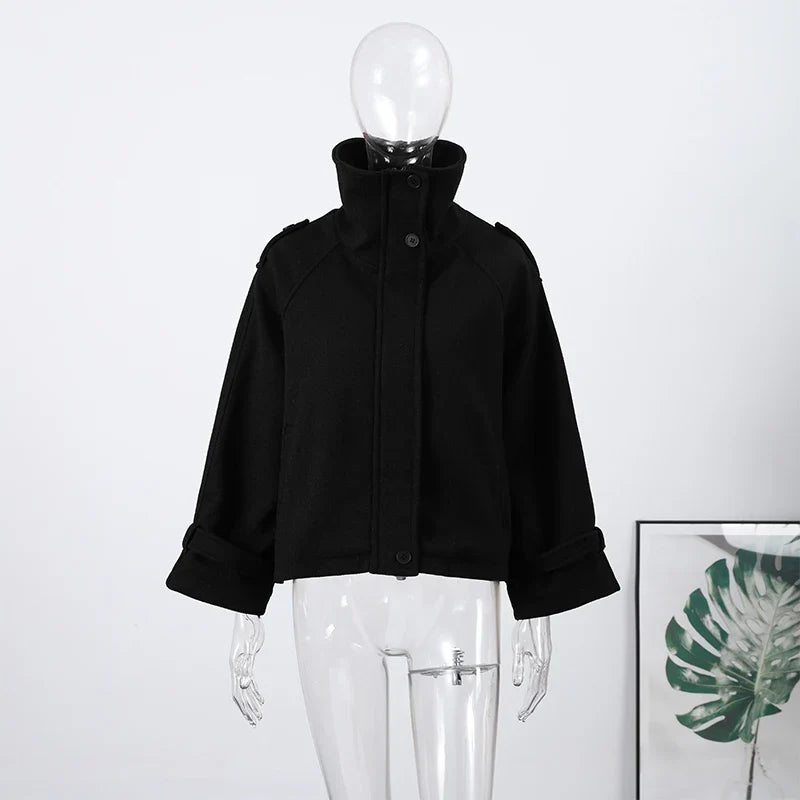 Fashion Short Woolen Coat For Women Stand Collar Full Sleeve Loose Zipper Jacket Female 2025 Spring Autumn Solid Lady Outwear LadyShow.Store