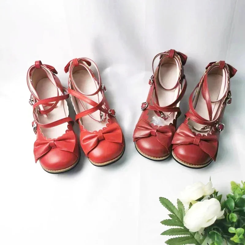 Lolita Shoes Women Flats Low Round With Cross Straps Bow Cute Girls Princess Tea Party Shoes Students Lovely Shoes Size 34-41 LadyShow.Store
