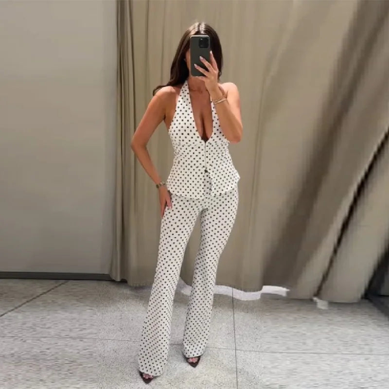 Retro Modern Polka Dot Set Halter Deep V Neck Vest Top Flared Pants Women Party Timeless Chic Female Classic Stylish Outfits LadyShow.Store