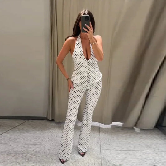 Retro Modern Polka Dot Set Halter Deep V Neck Vest Top Flared Pants Women Party Timeless Chic Female Classic Stylish Outfits LadyShow.Store