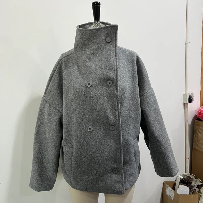 Fashion Short Woolen Coat For Women Stand Collar Full Sleeve Loose Zipper Jacket Female 2025 Spring Autumn Solid Lady Outwear LadyShow.Store