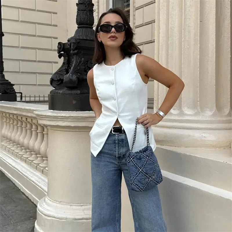 MUJER 2025 White Sleeveless Vest Women Button Summer Vests for Women Jacket Pink Vest Top Women Streetwear Women's Tailored Vest LadyShow.Store