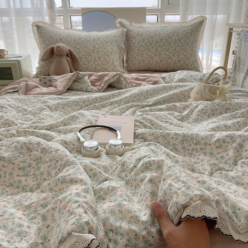 Summer Quilt Korean Style Duvet with Lace Single/Queen Size Comforter Flower Printed Quilted Blanket 여름이불 (No Pillowcase) Pi-Mart