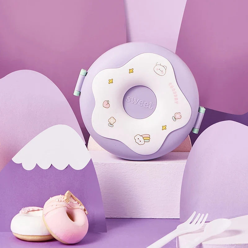 Lunch Box For Kid School Child Snack Box Donut Cartoon Leakproof Bento Box Lunch Bags With Fork Spoon 3 Compartment Microwavable LadyShow.Store