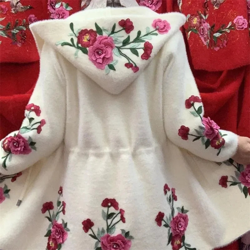 Autumn Winter New 2026 Women Imitation Mink Velvet Jacket Middle Aged Mother Hooded Loose Casual Warm Knitted  Cardigan Female Pi-Mart