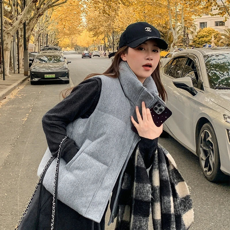 Short Down cotton Vest Women's 2025 Korean Fashion New Stand-up Sleeveless Zipper Student Vest Jacket Black Gray Waistcoat Tide LadyShow.Store