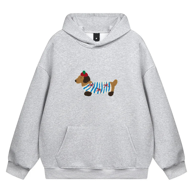 Women Sweatshirt Streetwear Couples Tops Casual Loose Hoodie Autumn Winter Cartoon Dog Embroidery Hooded Pullover LadyShow.Store