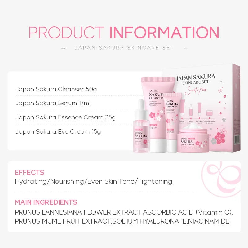 Laikou Sakura Skin Care Sets With Cleanser,Serum,Eye Cream,essence Cream Beauty Products For Women  Christmas Gift Present Tri Light Beauty