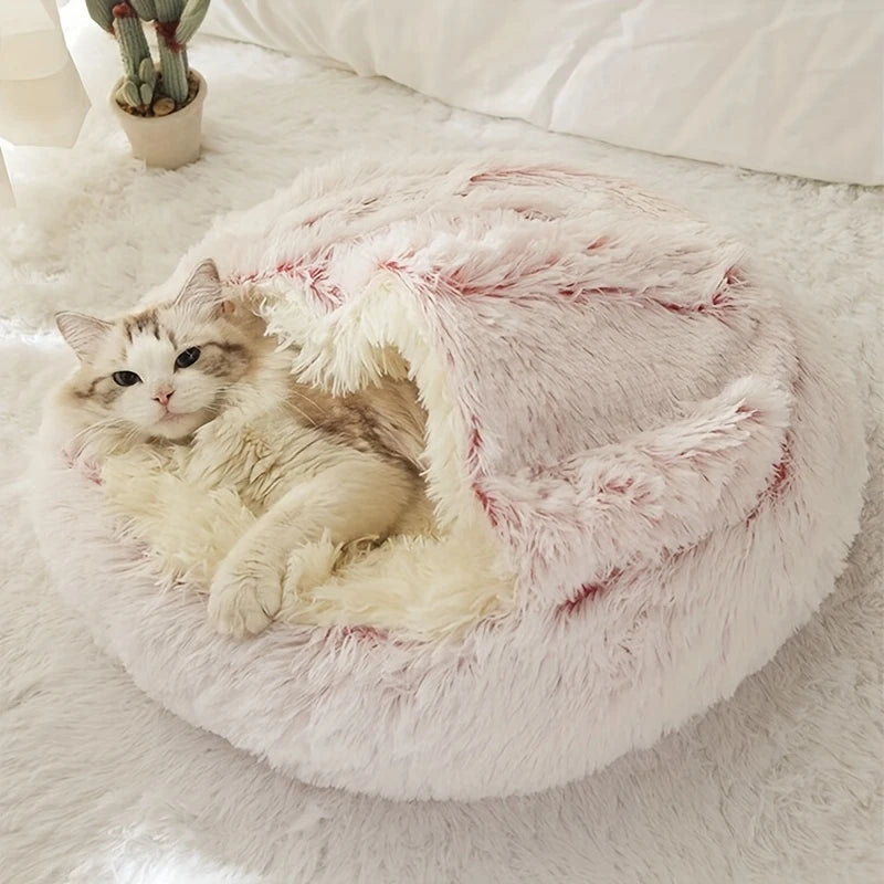 Plush Hooded Cat Cave Bed Round Semi‑Enclosed Shell Pet Nest Washable Anti‑Slip Warm All Season Sleeping Bed For Cats Small Dogs Pi-Mart