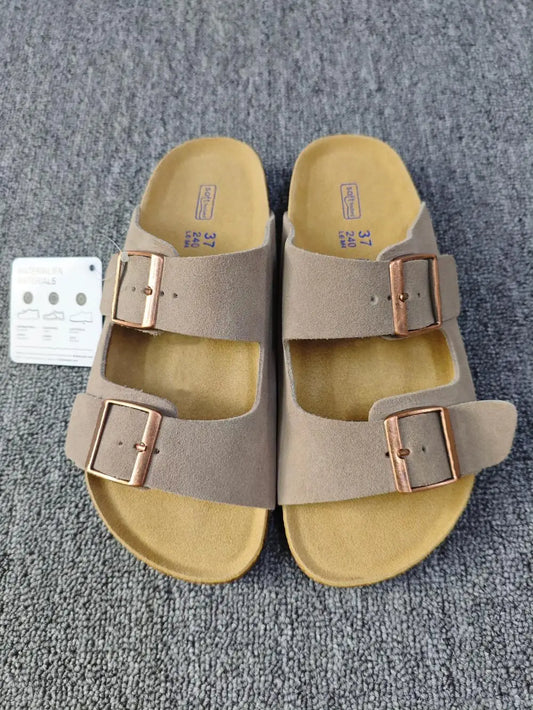 Vintage Style Unisex Double Buckle Flat Beach Slide Sandals with Cork Insole – Casual Comfort for Summer LadyShow.Store