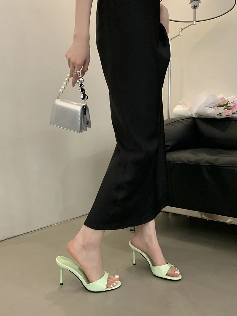 Liyke Wine Red Patent Leather Women Slippers Sandals Fashion Round Open Toe Thin High Heels Mules Slides Summer Party Dress Shoe Pi-Mart