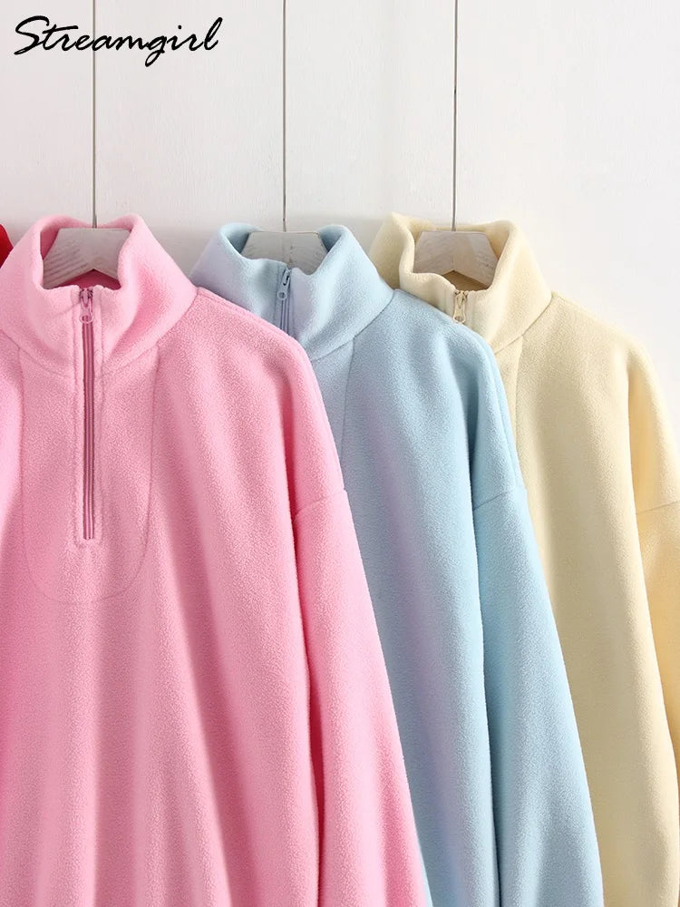 Women Velvet Sweatshirts With Half Zipper Long Sleeve Pink Warm Pullover Female Loose Yellow Sweatshirts For Women Zip Blue Tops LadyShow.Store