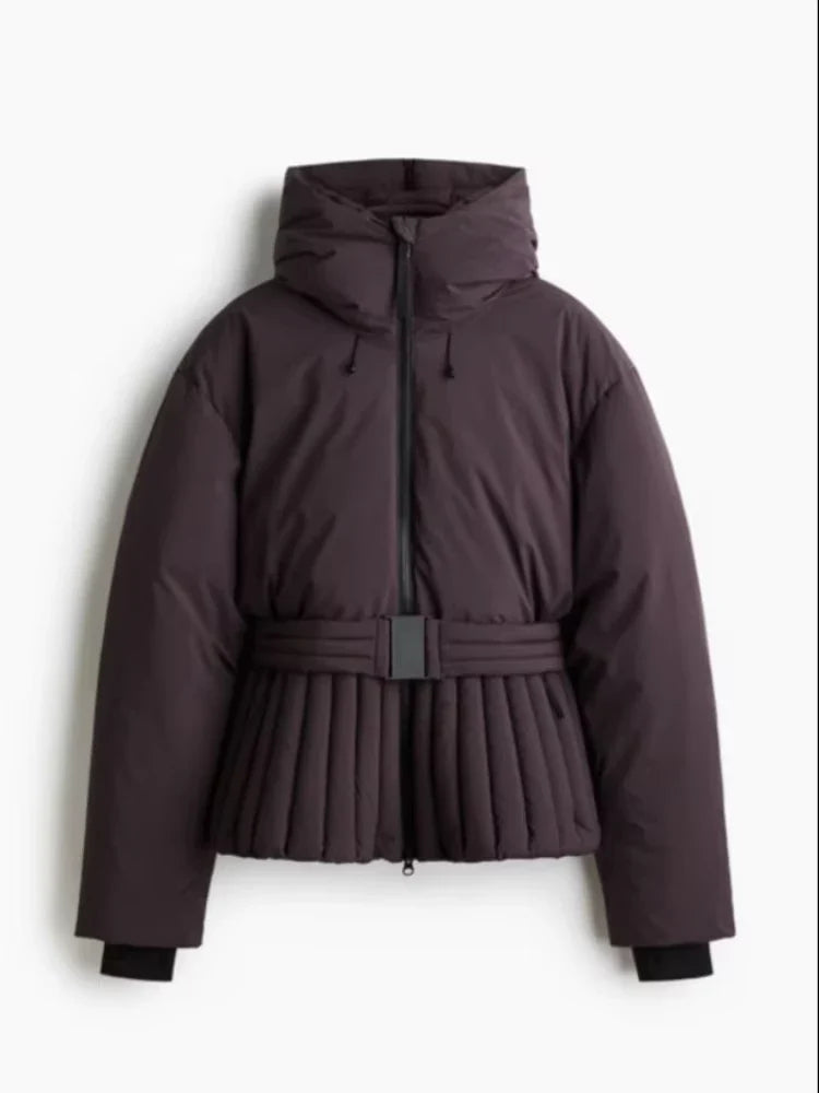 Belted Chic Hooded Cotton Coat Women Casual Full Sleeve Stand Collar Zipper Short Skiwear  Lady Winter Sport Puffer Jacket LadyShow.Store