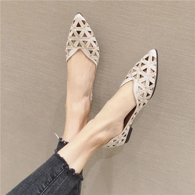 Flat Shoes Women 2026 Summer Pointy Joker Hollow Leisure Commuter Flat Spring Elegant Women's Shoes Breathable Hole Shoes Pi-Mart