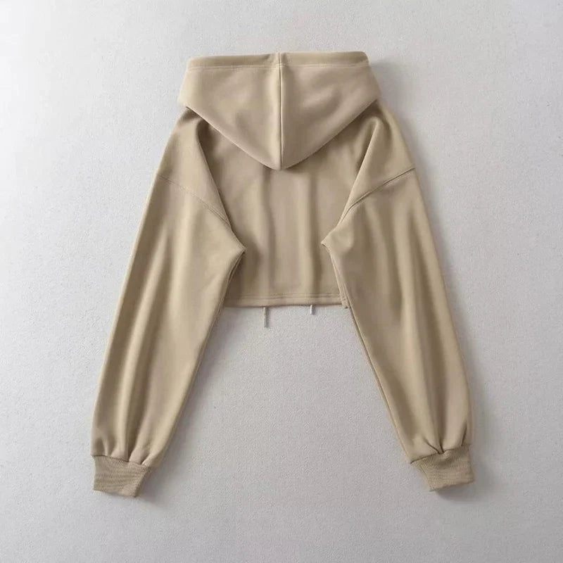 Sexy Short Hooded Sweatshirts Women Fashion Solid Color Long Sleeve Crop Tops Korean Streetwear Pullover Hoodies Female LadyShow.Store